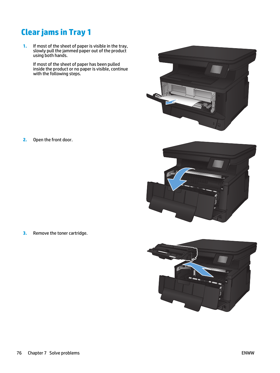 Clear jams in tray 1 | HP LaserJet Pro M435 Multifunction Printer series User Manual | Page 84 / 120