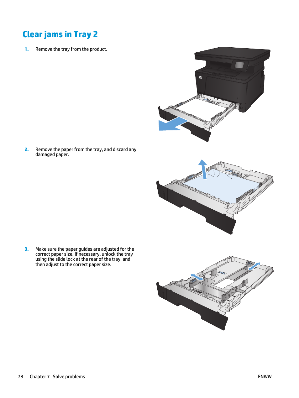 Clear jams in tray 2 | HP LaserJet Pro M435 Multifunction Printer series User Manual | Page 86 / 120