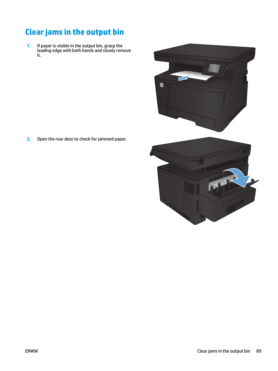 Clear jams in the output bin | HP LaserJet Pro M435 Multifunction Printer series User Manual | Page 97 / 120