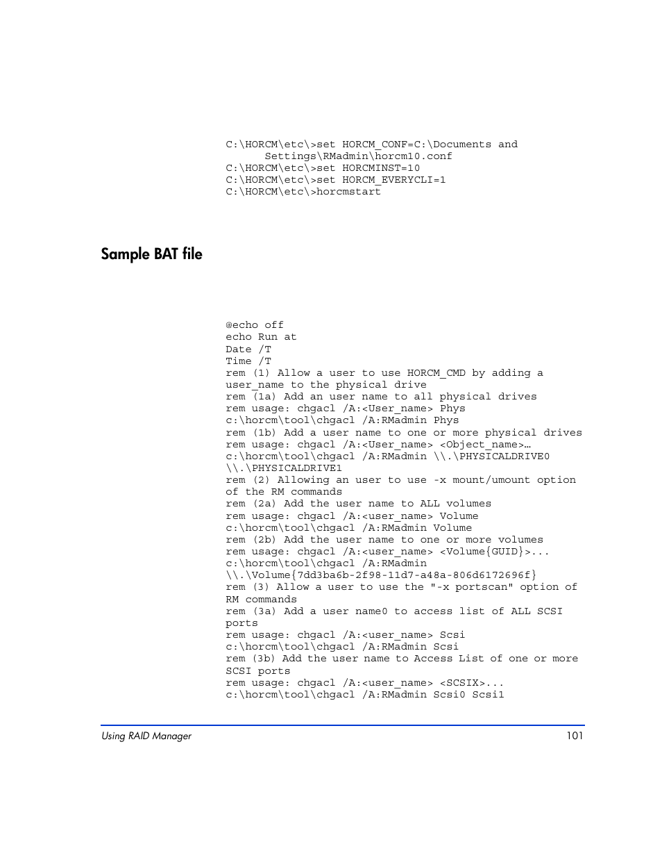 Sample bat file, Sample bat file 101 | HP XP RAID Manager Software User Manual | Page 101 / 416