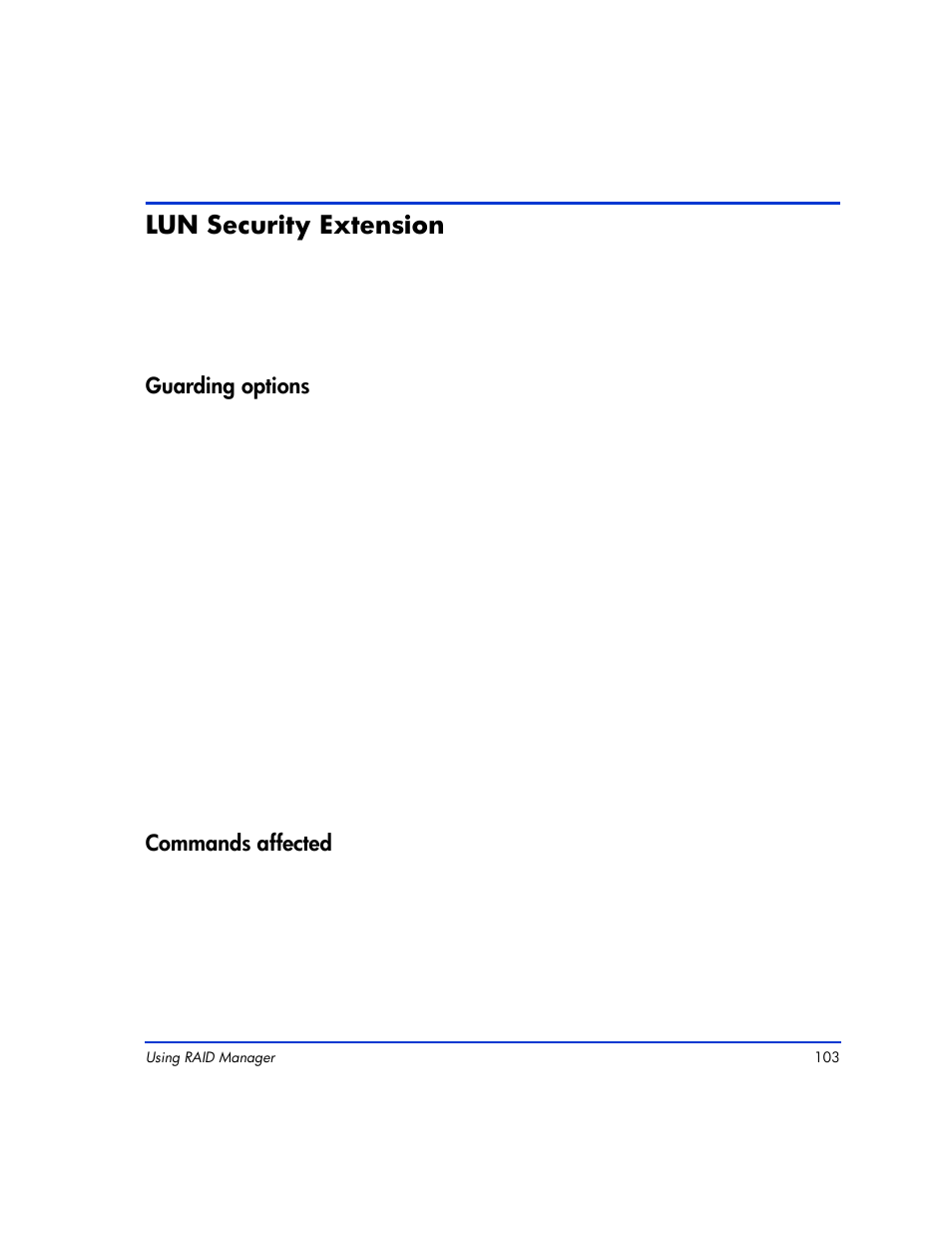 Lun security extension, Guarding options, Commands affected | Lun security extension 103, Guarding options 103 commands affected 103 | HP XP RAID Manager Software User Manual | Page 103 / 416
