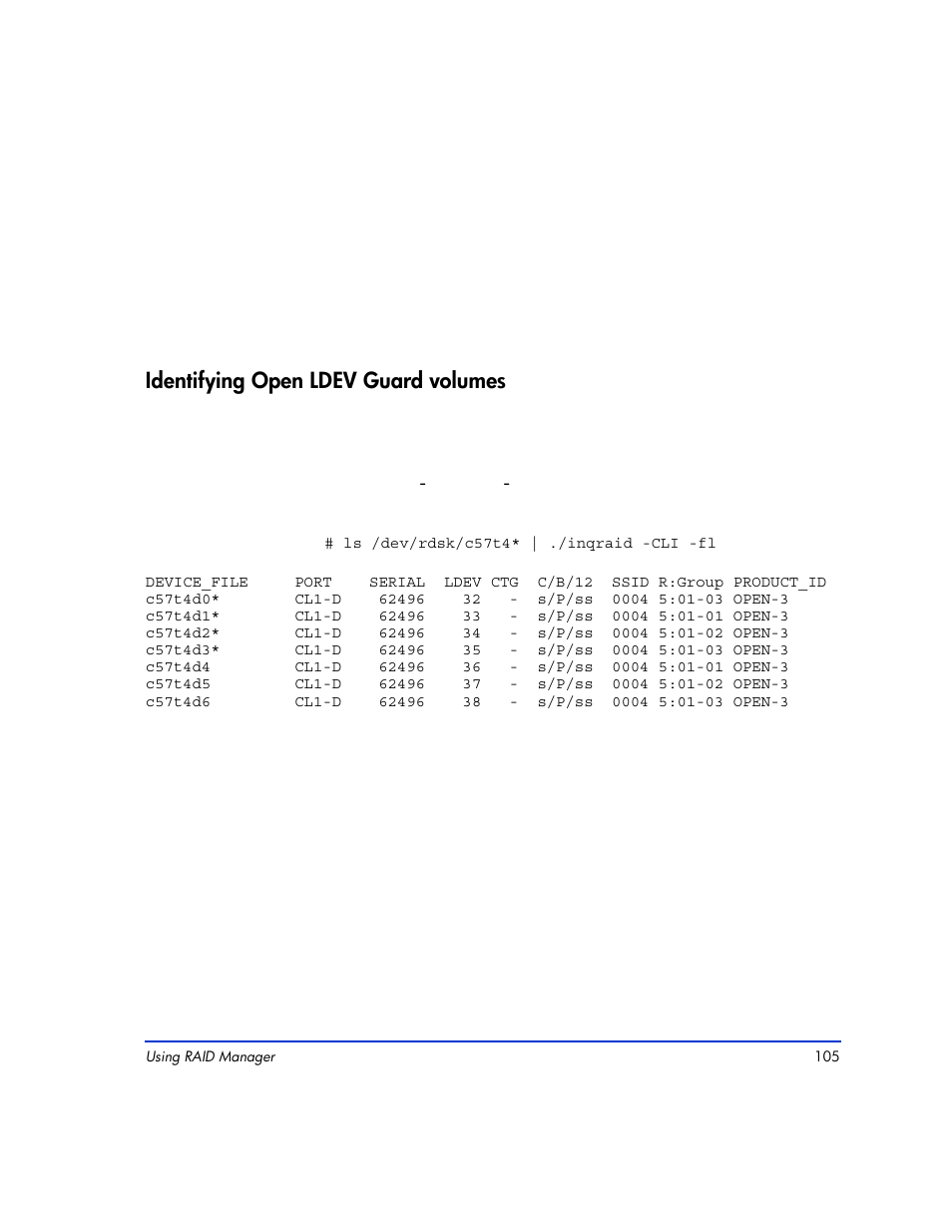 Identifying open ldev guard volumes, Identifying open ldev guard volumes 105 | HP XP RAID Manager Software User Manual | Page 105 / 416