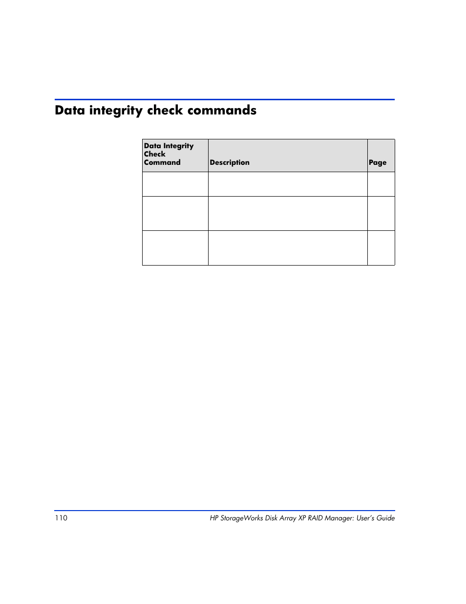 Data integrity check commands, Data integrity check commands 110 | HP XP RAID Manager Software User Manual | Page 110 / 416