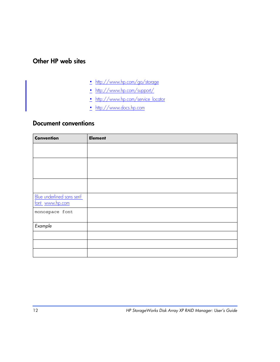 Other hp web sites, Document conventions, Other hp web sites 12 document conventions 12 | HP XP RAID Manager Software User Manual | Page 12 / 416