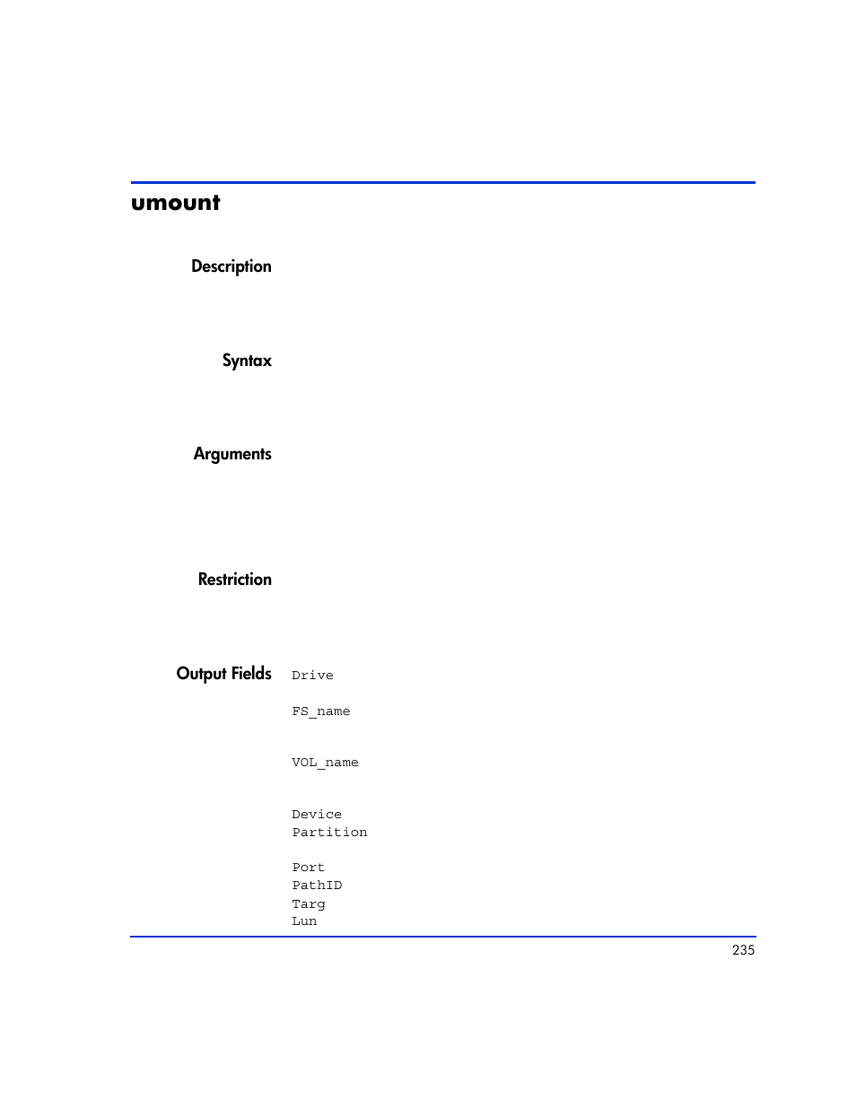 Umount, Umount 235 | HP XP RAID Manager Software User Manual | Page 235 / 416