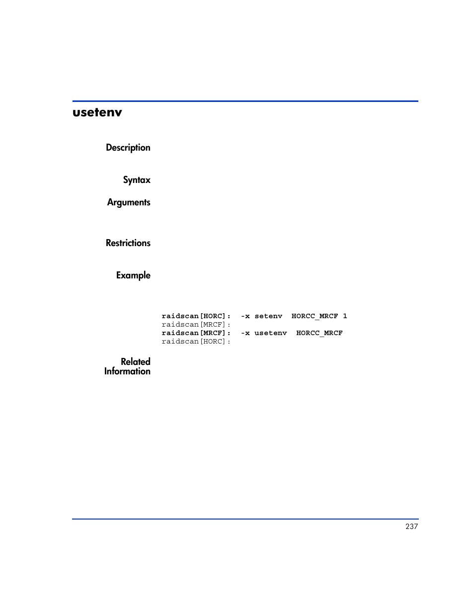 Usetenv, Usetenv 237 | HP XP RAID Manager Software User Manual | Page 237 / 416