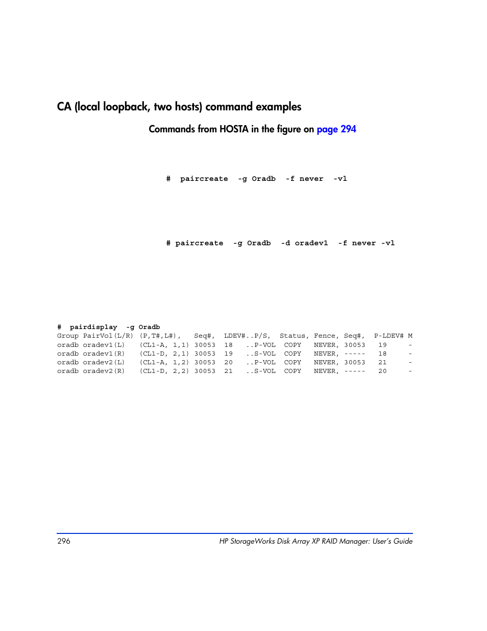 Ca (local loopback, two hosts) command examples | HP XP RAID Manager Software User Manual | Page 296 / 416