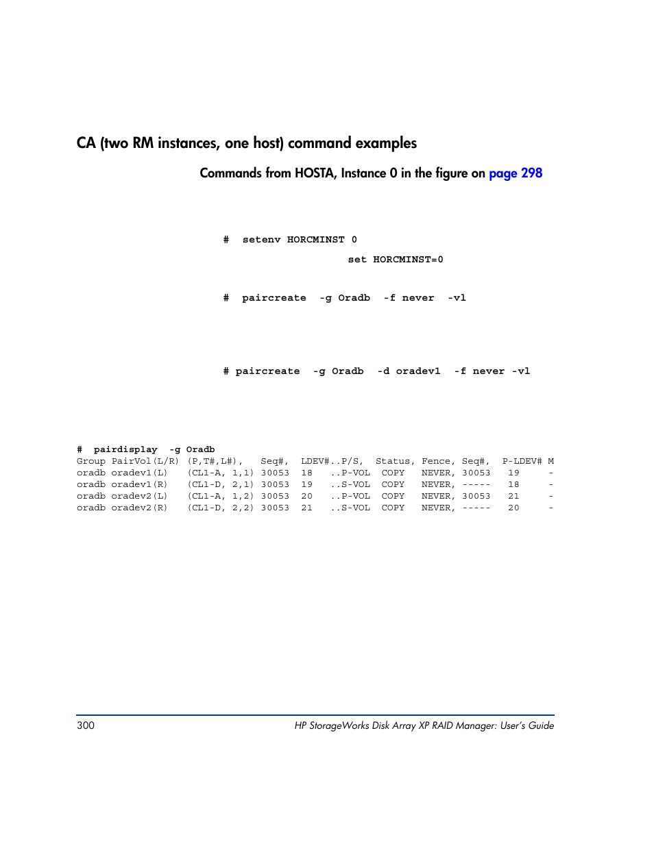 Ca (two rm instances, one host) command examples | HP XP RAID Manager Software User Manual | Page 300 / 416