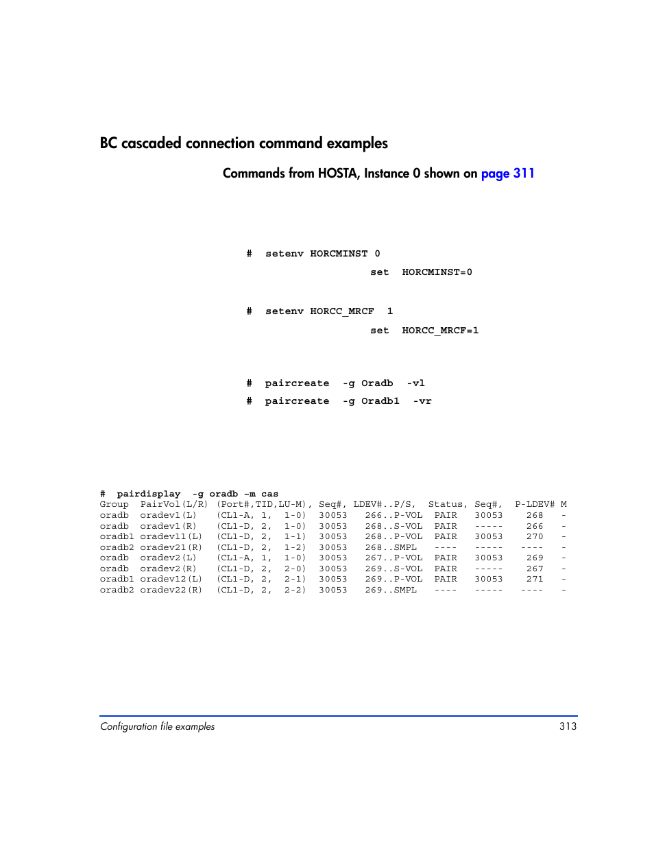 Bc cascaded connection command examples, Bc cascaded connection command examples 313 | HP XP RAID Manager Software User Manual | Page 313 / 416