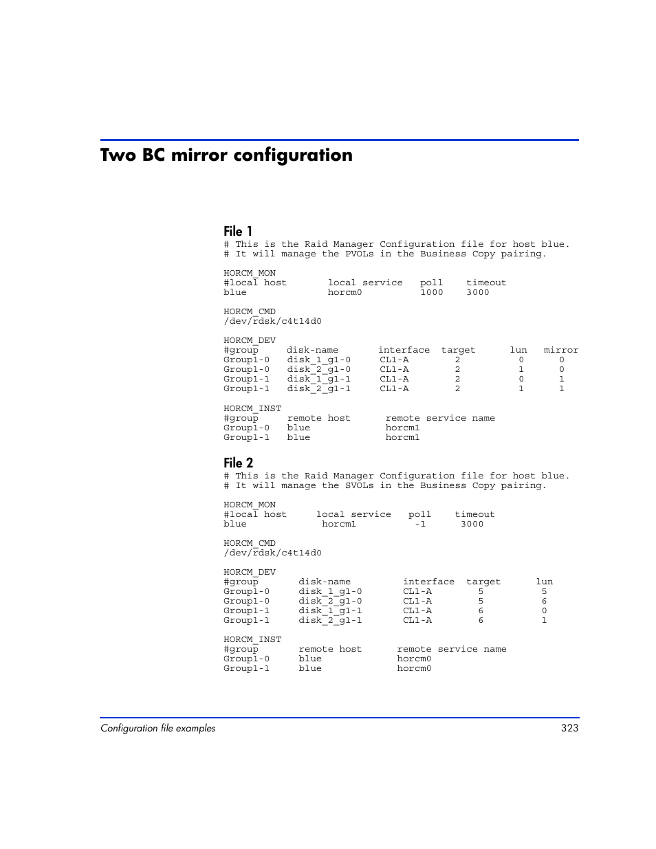 Two bc mirror configuration, Two bc mirror configuration 323 | HP XP RAID Manager Software User Manual | Page 323 / 416