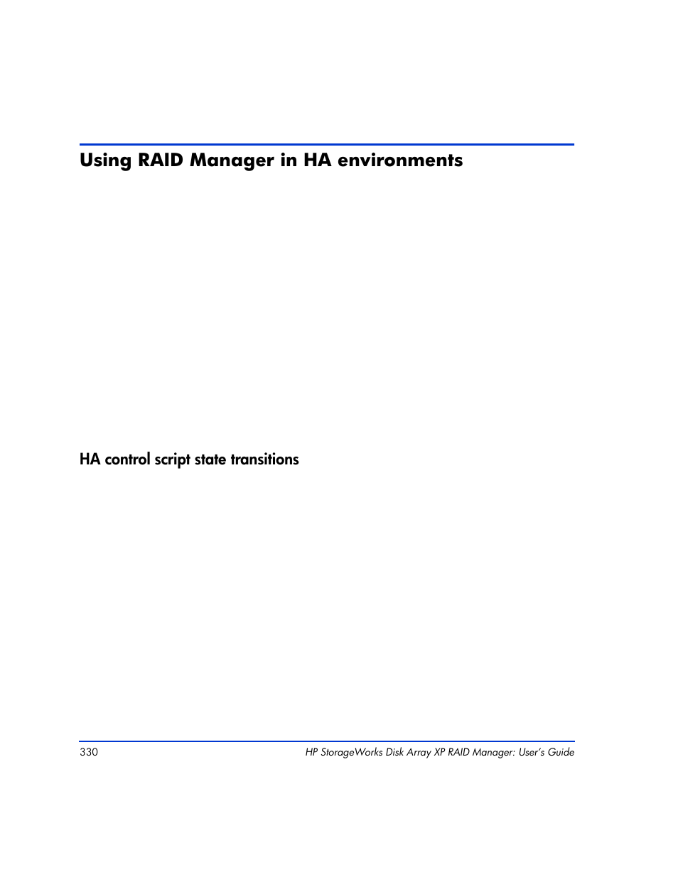 Using raid manager in ha environments, Ha control script state transitions, Using raid manager in ha environments 330 | Ha control script state transitions 330, Ha control script state transitions” on | HP XP RAID Manager Software User Manual | Page 330 / 416