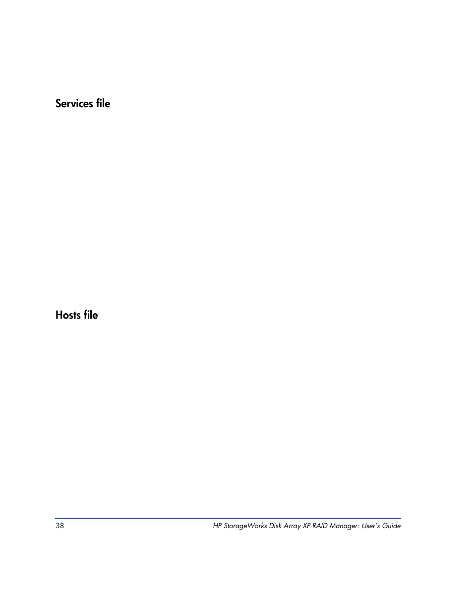 Services file, Hosts file, Services file 38 hosts file 38 | HP XP RAID Manager Software User Manual | Page 38 / 416