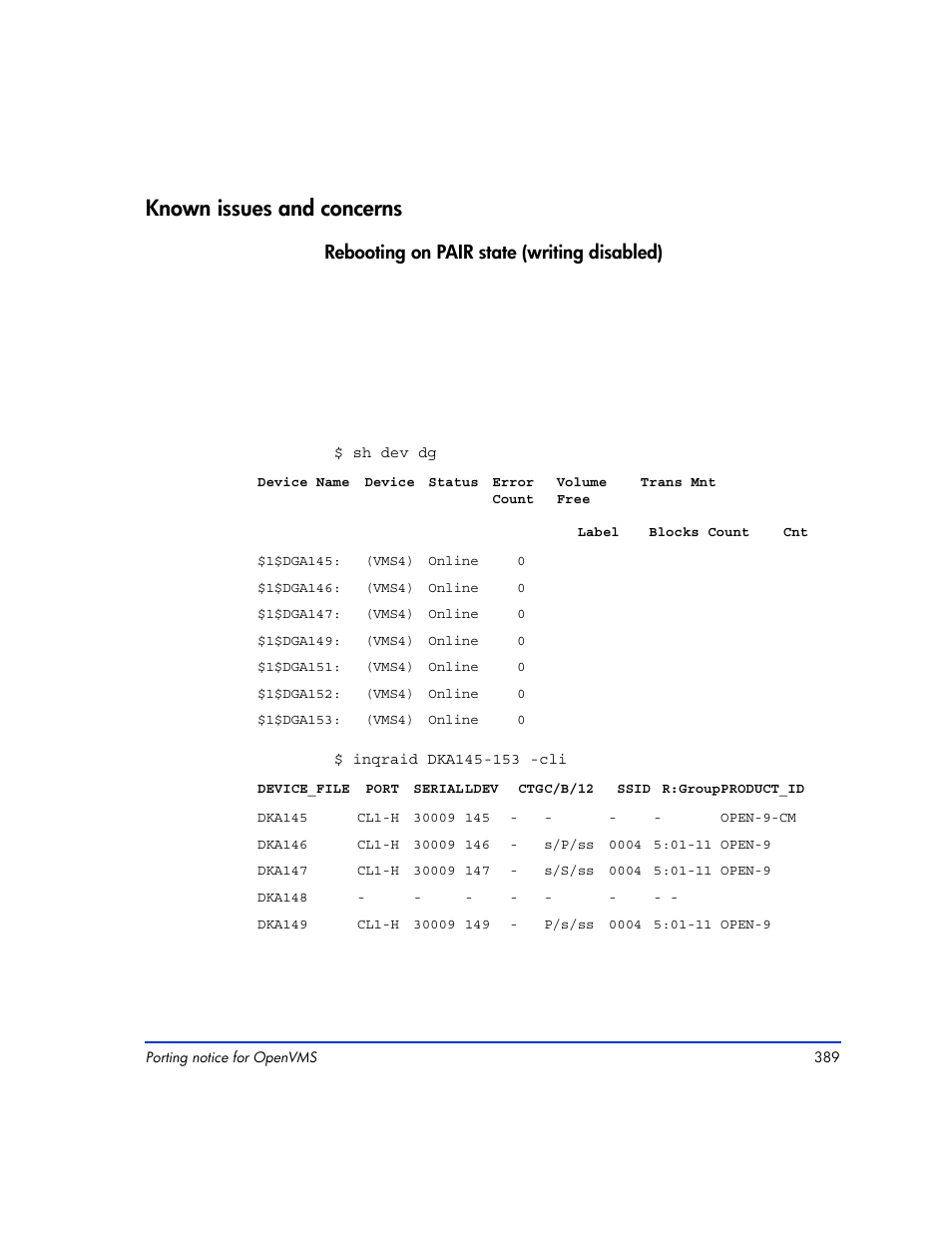 Known issues and concerns, Known issues and concerns 389, Rebooting on pair state (writing disabled) | HP XP RAID Manager Software User Manual | Page 389 / 416