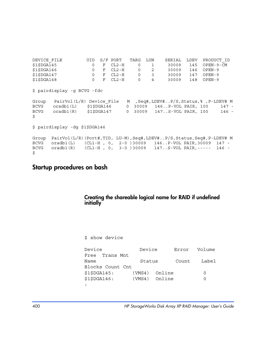 Startup procedures on bash, Startup procedures on bash 400 | HP XP RAID Manager Software User Manual | Page 400 / 416