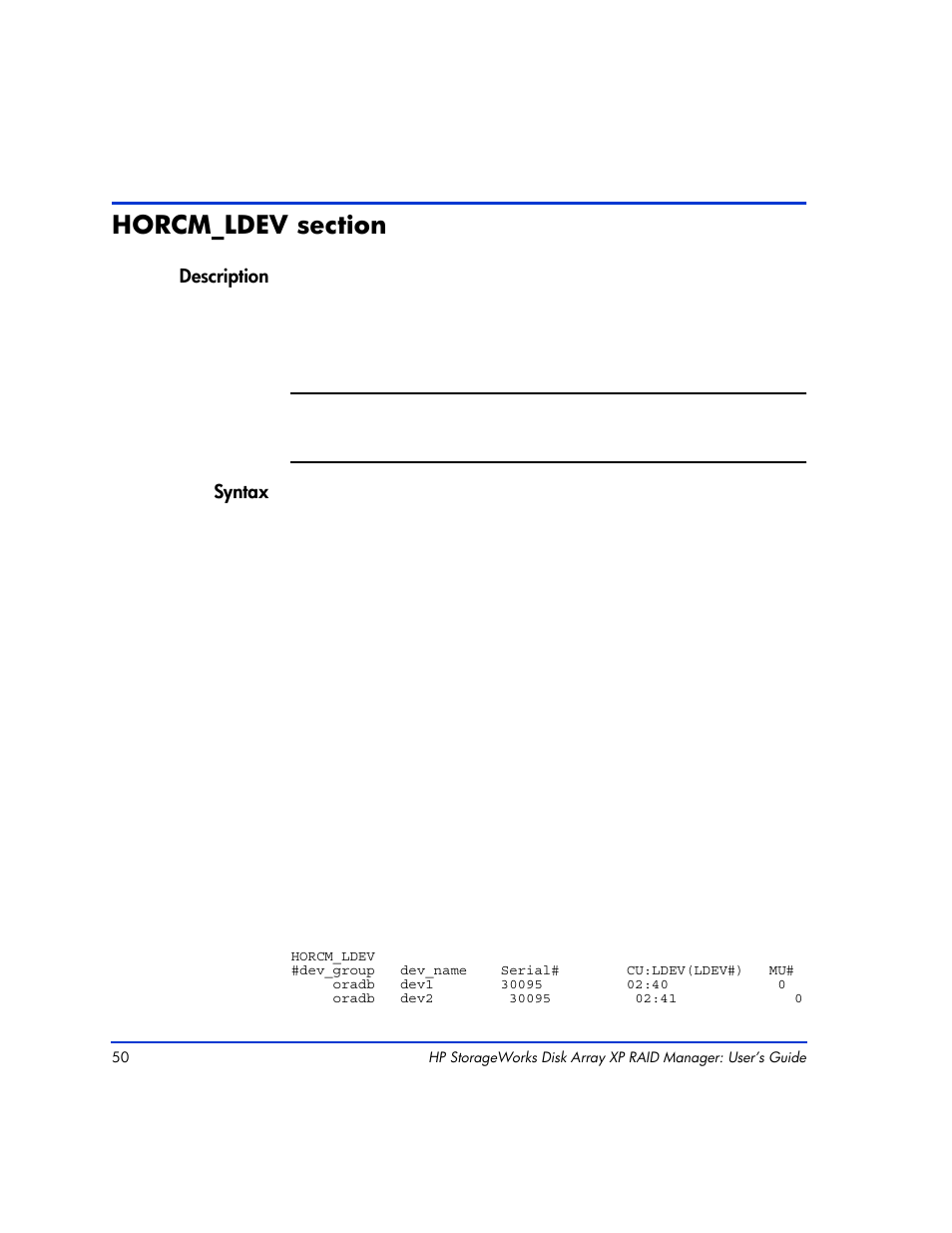 Horcm_ldev section, Horcm_ldev section 50 | HP XP RAID Manager Software User Manual | Page 50 / 416