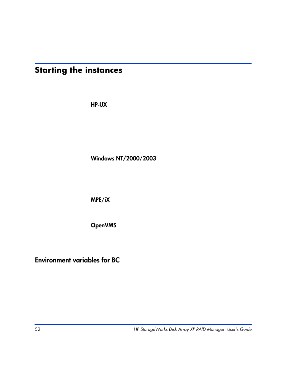 Starting the instances, Environment variables for bc, Starting the instances 52 | Environment variables for bc 52 | HP XP RAID Manager Software User Manual | Page 52 / 416