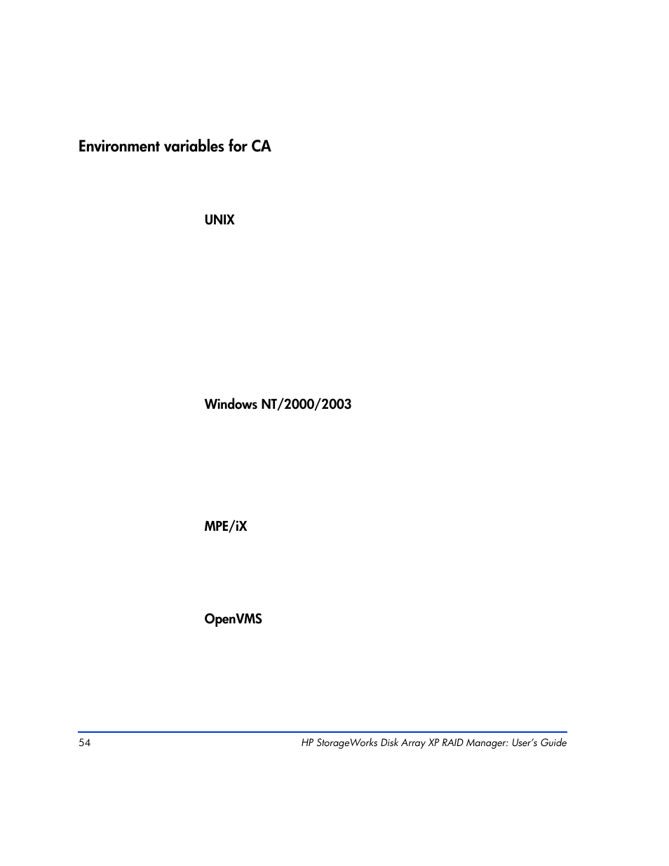 Environment variables for ca, Environment variables for ca 54 | HP XP RAID Manager Software User Manual | Page 54 / 416