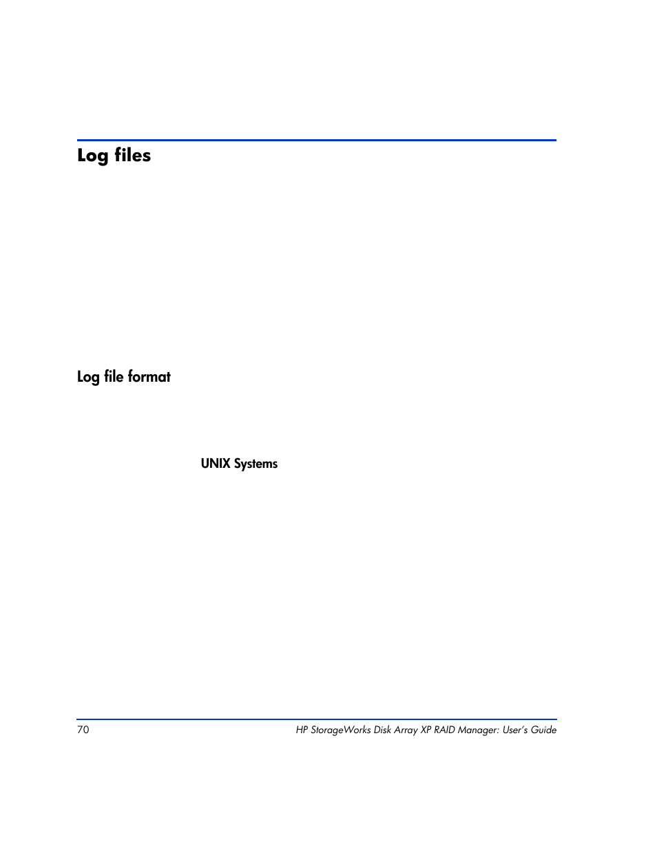 Log files, Log file format, Log files 70 | Log file format 70 | HP XP RAID Manager Software User Manual | Page 70 / 416