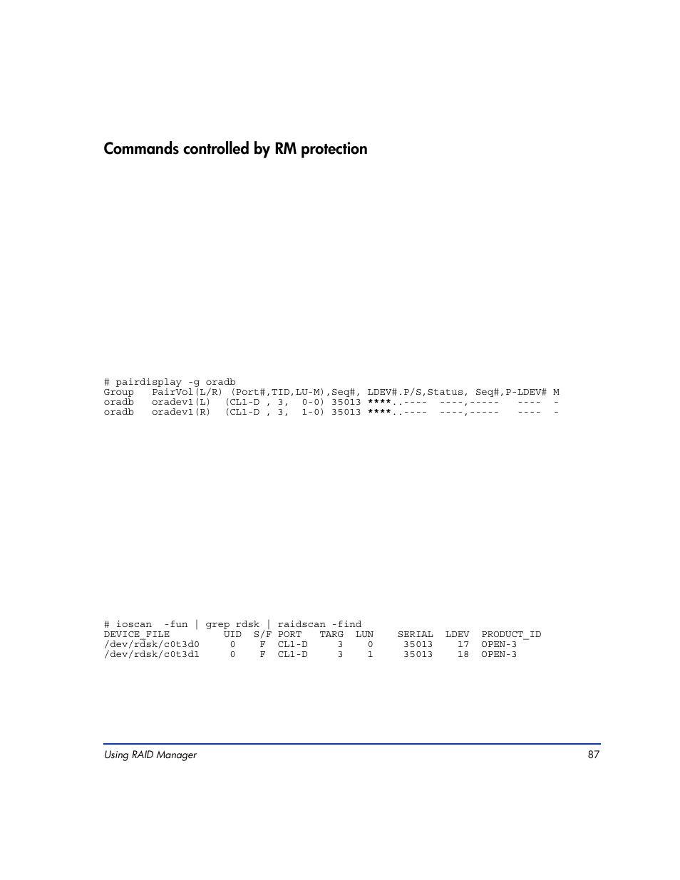 Commands controlled by rm protection, Commands controlled by rm protection 87 | HP XP RAID Manager Software User Manual | Page 87 / 416