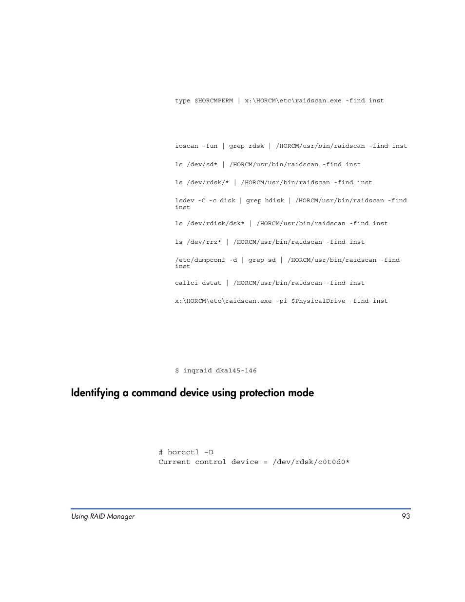 Identifying a command device using protection mode | HP XP RAID Manager Software User Manual | Page 93 / 416