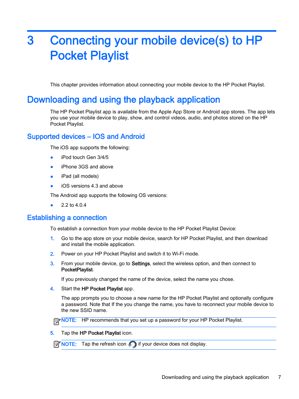 Downloading and using the playback application, Supported devices – ios and android, Establishing a connection | HP Pocket Playlist User Manual | Page 11 / 33