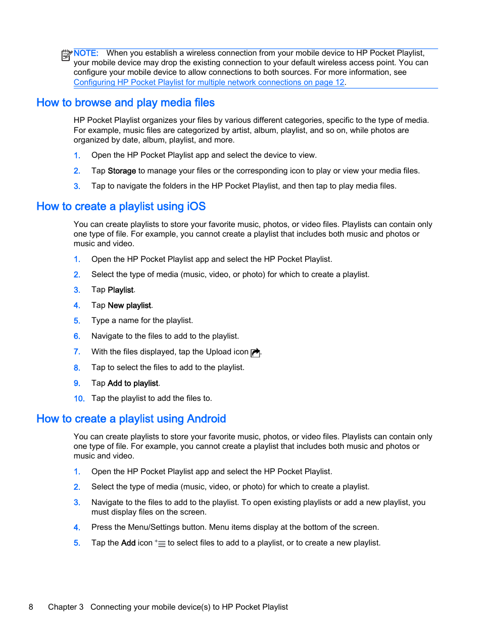 How to browse and play media files, How to create a playlist using ios, How to create a playlist using android | HP Pocket Playlist User Manual | Page 12 / 33