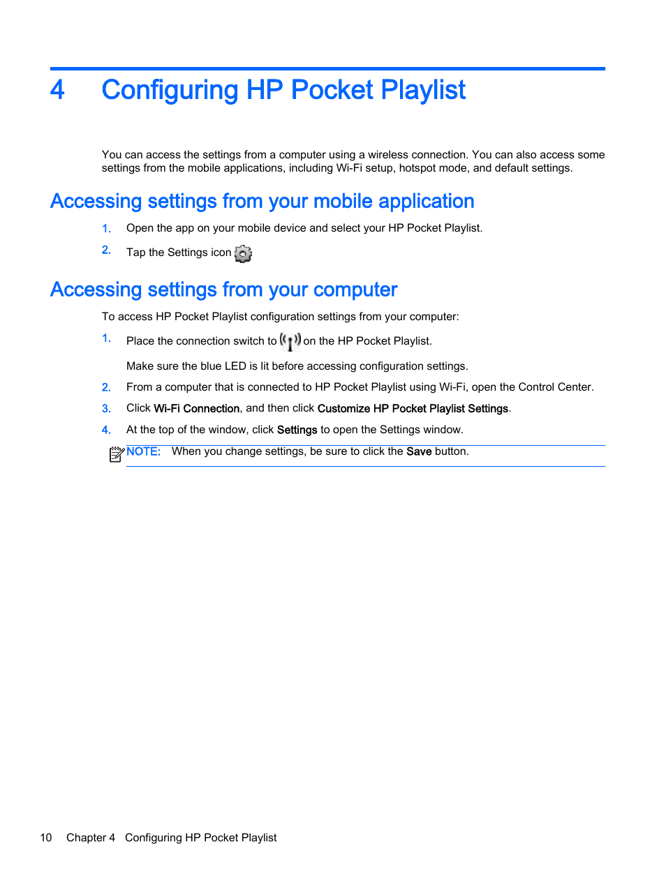 Configuring hp pocket playlist, Accessing settings from your mobile application, Accessing settings from your computer | 4 configuring hp pocket playlist, 4configuring hp pocket playlist | HP Pocket Playlist User Manual | Page 14 / 33
