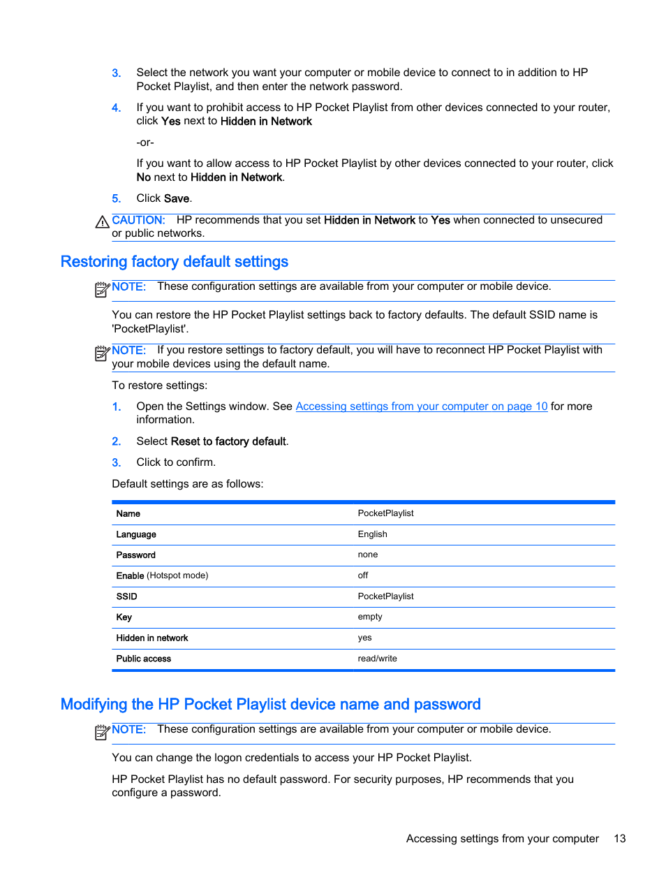 Restoring factory default settings | HP Pocket Playlist User Manual | Page 17 / 33