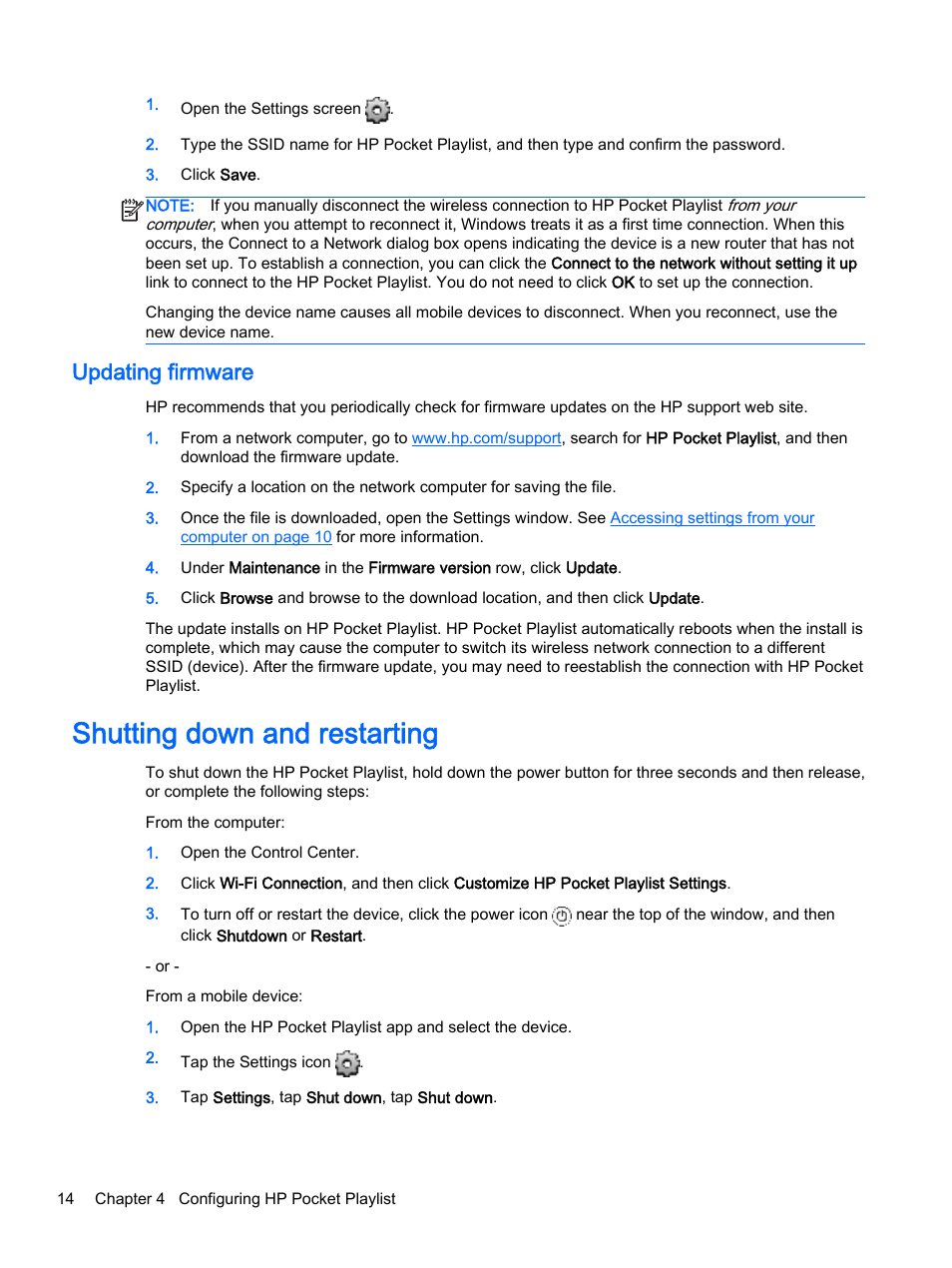 Updating firmware, Shutting down and restarting | HP Pocket Playlist User Manual | Page 18 / 33