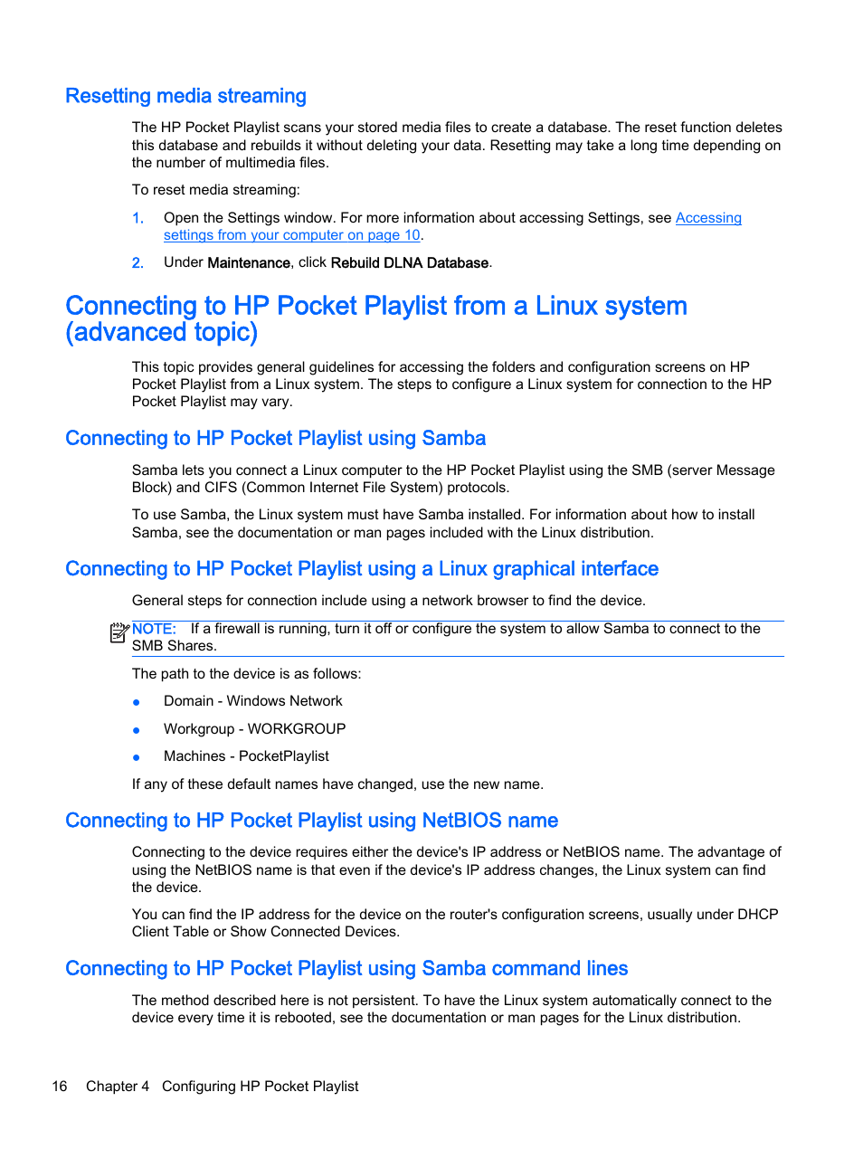 Resetting media streaming, Connecting to hp pocket playlist using samba | HP Pocket Playlist User Manual | Page 20 / 33