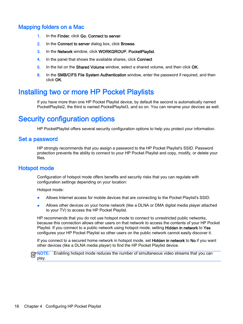Mapping folders on a mac, Installing two or more hp pocket playlists, Security configuration options | Set a password, Hotspot mode, Set a password hotspot mode | HP Pocket Playlist User Manual | Page 22 / 33