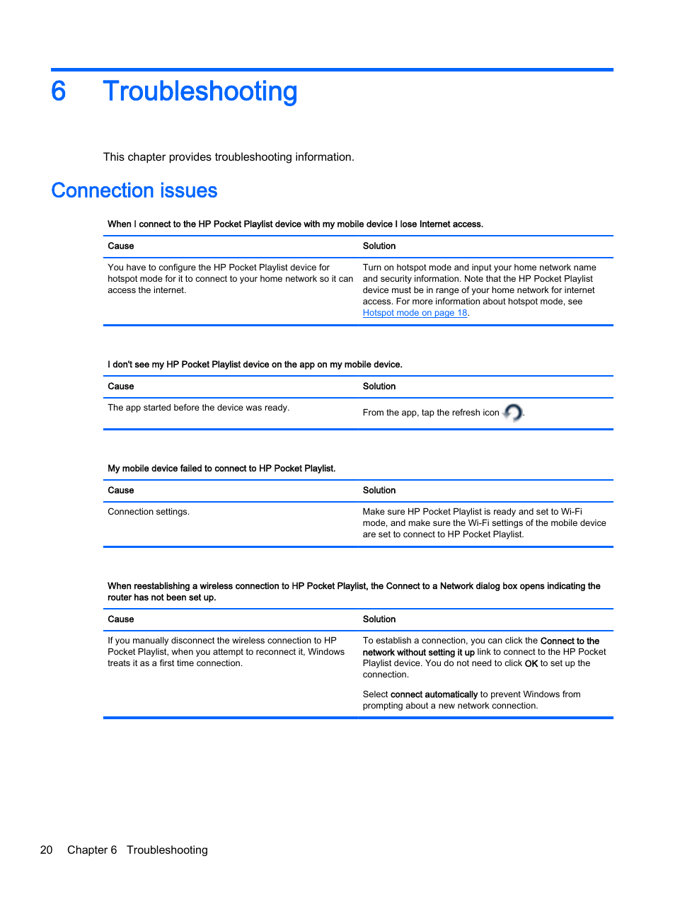 Troubleshooting, Connection issues, 6 troubleshooting | 6troubleshooting | HP Pocket Playlist User Manual | Page 24 / 33