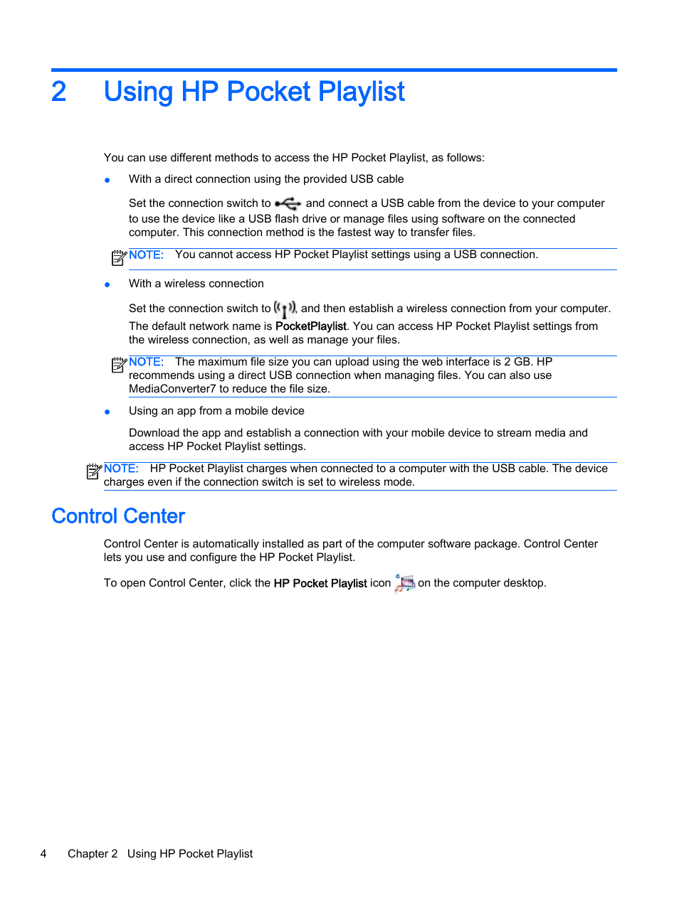 Using hp pocket playlist, Control center, 2 using hp pocket playlist | 2using hp pocket playlist | HP Pocket Playlist User Manual | Page 8 / 33