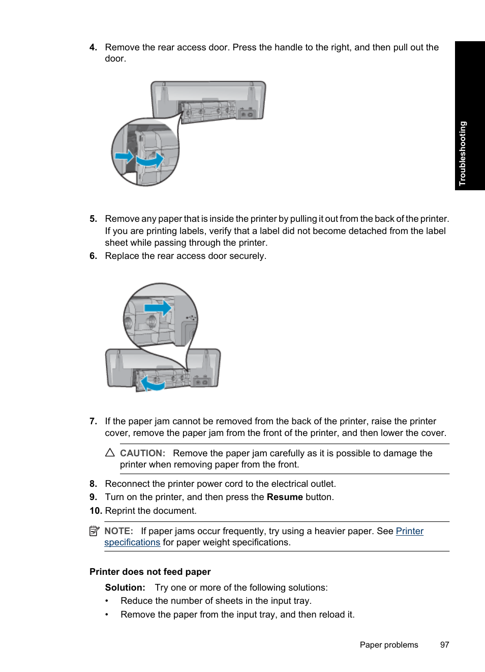 Printer does not feed paper | HP Deskjet D4363 Printer User Manual | Page 100 / 137