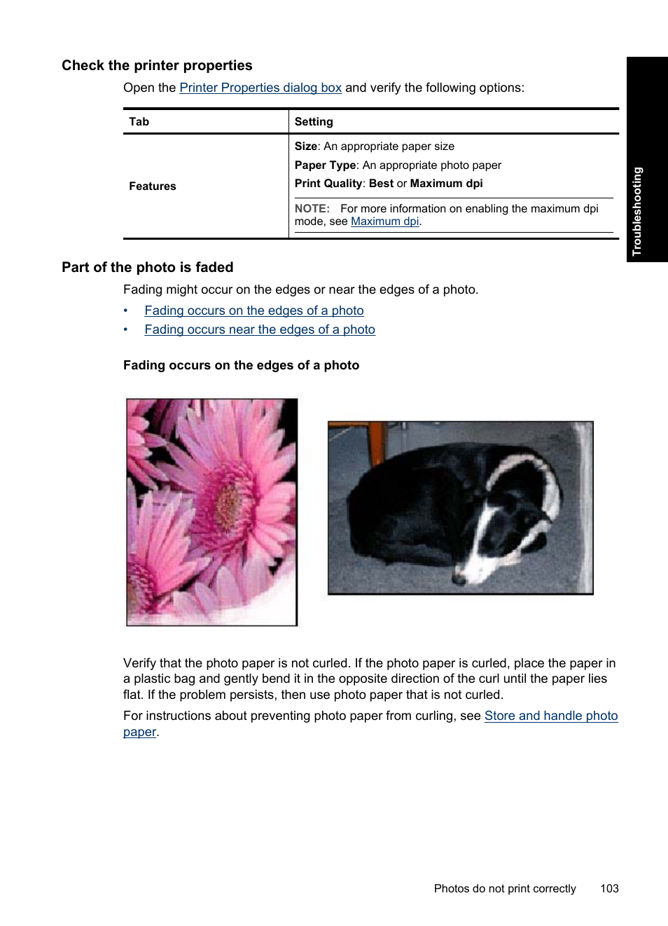 Check the printer properties, Part of the photo is faded, Fading occurs on the edges of a photo | HP Deskjet D4363 Printer User Manual | Page 106 / 137