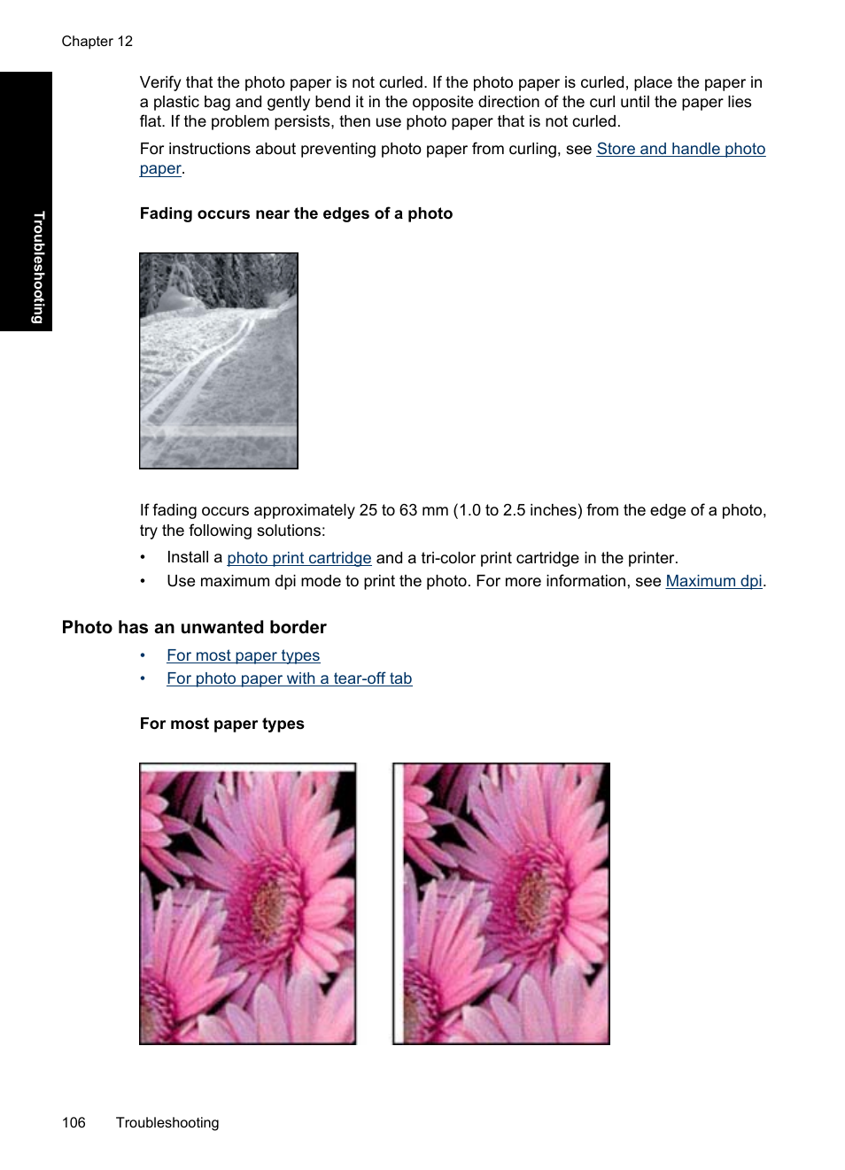 Fading occurs near the edges of a photo, Photo has an unwanted border, For most paper types | HP Deskjet D4363 Printer User Manual | Page 109 / 137