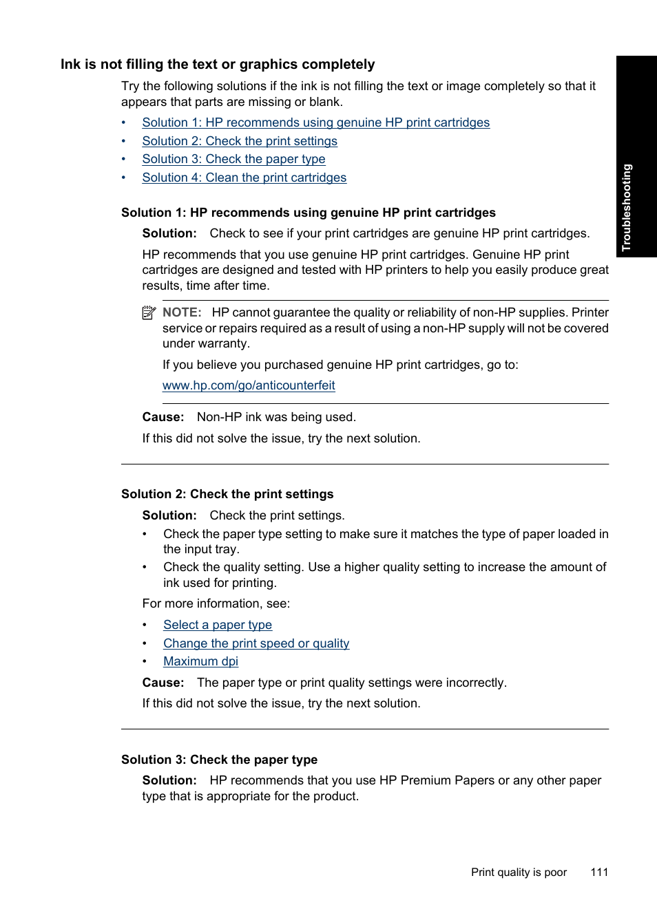 Ink is not filling the text or graphics completely | HP Deskjet D4363 Printer User Manual | Page 114 / 137