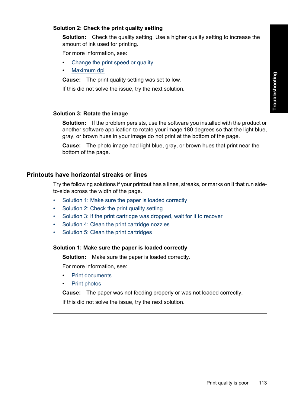 Printouts have horizontal streaks or lines, Solution 2: check the print quality setting, Solution 3: rotate the image | HP Deskjet D4363 Printer User Manual | Page 116 / 137