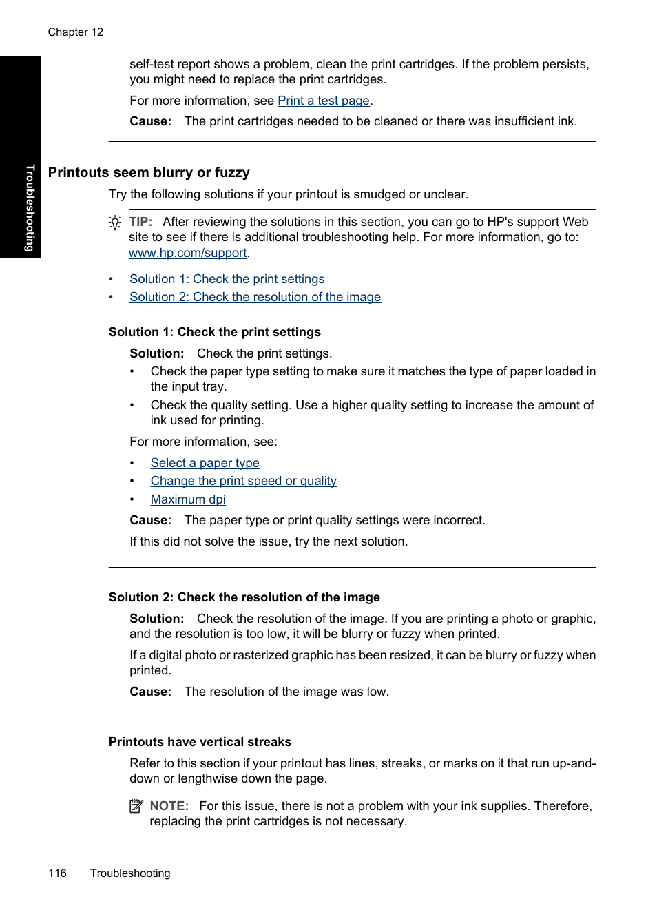 Printouts seem blurry or fuzzy, Printouts have vertical streaks | HP Deskjet D4363 Printer User Manual | Page 119 / 137