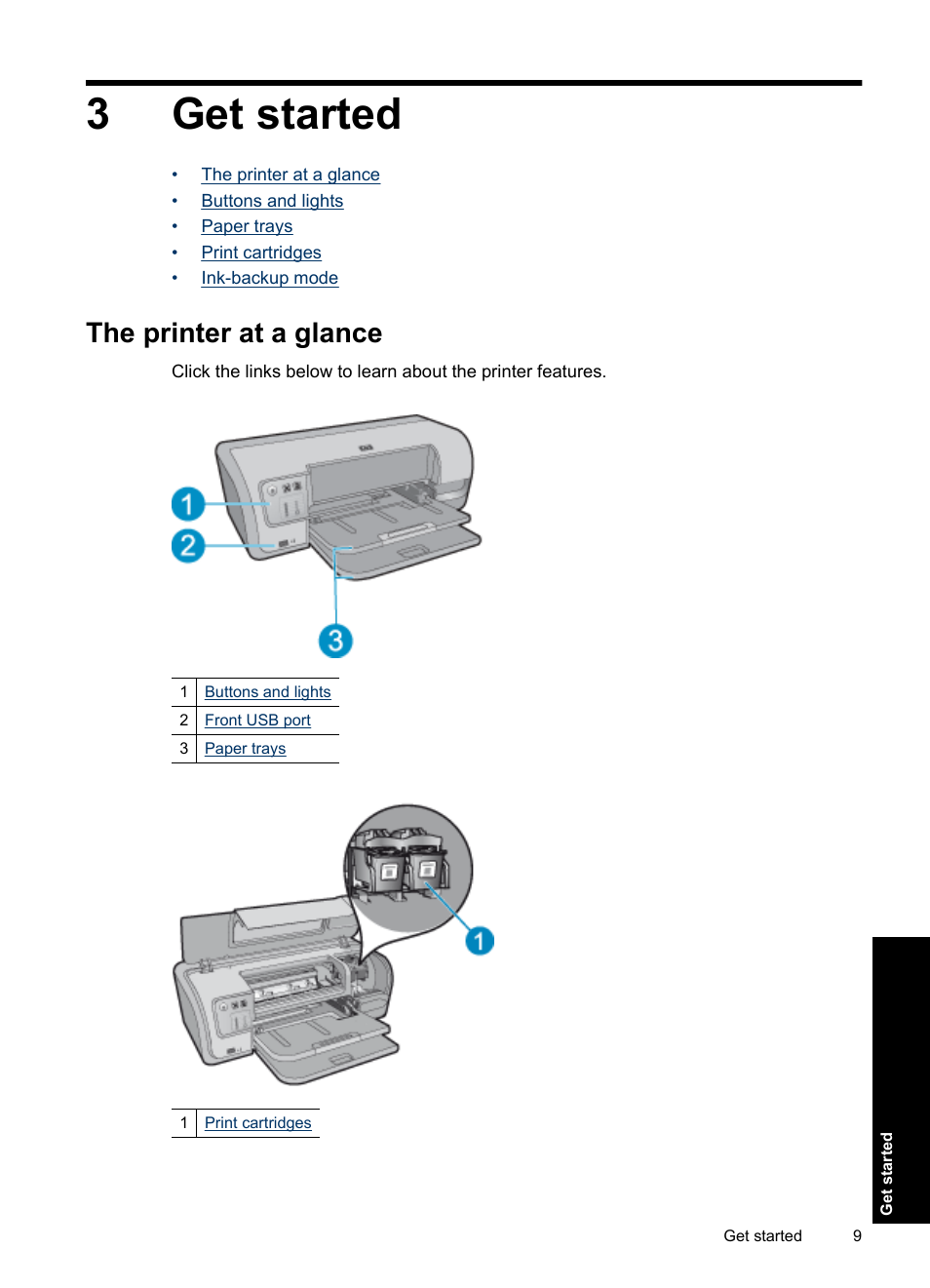 Get started, The printer at a glance, 3 get started | 3get started | HP Deskjet D4363 Printer User Manual | Page 12 / 137