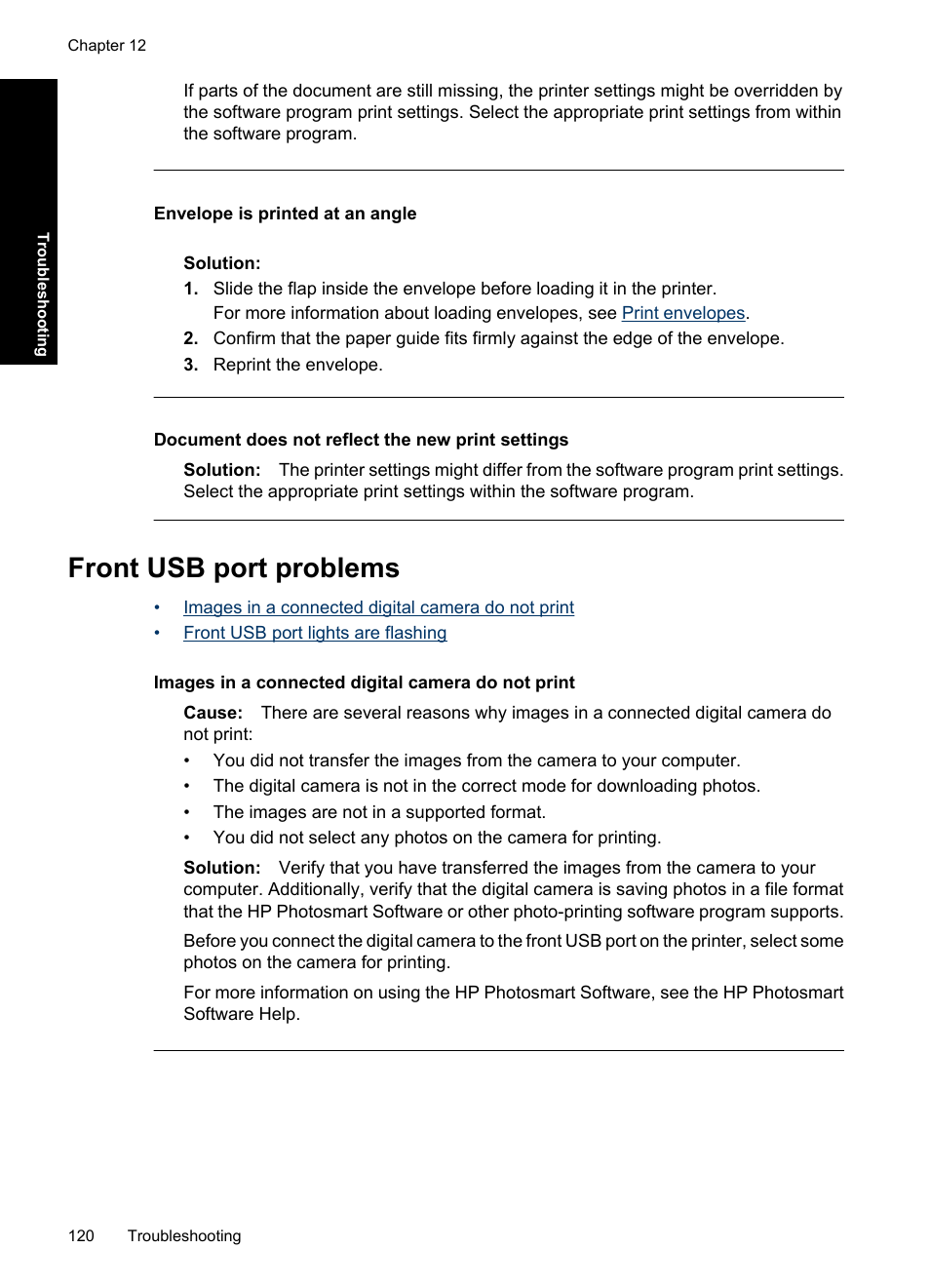 Front usb port problems, Envelope is printed at an angle, Document does not reflect the new print settings | HP Deskjet D4363 Printer User Manual | Page 123 / 137