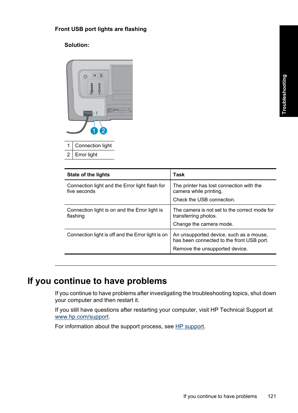 If you continue to have problems, Front usb port lights are, Flashing | Front usb port lights are flashing | HP Deskjet D4363 Printer User Manual | Page 124 / 137