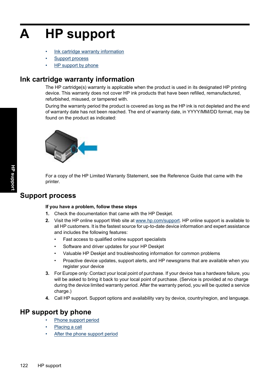 Hp support, Ink cartridge warranty information, Support process | Hp support by phone, A hp support, Ahp support | HP Deskjet D4363 Printer User Manual | Page 125 / 137