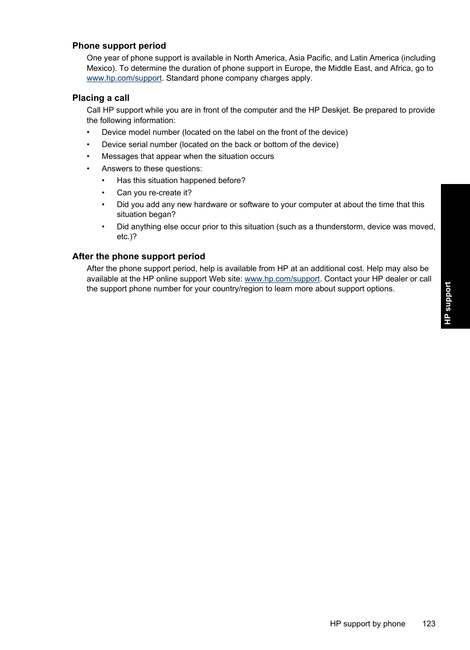 Phone support period, Placing a call, After the phone support period | HP Deskjet D4363 Printer User Manual | Page 126 / 137