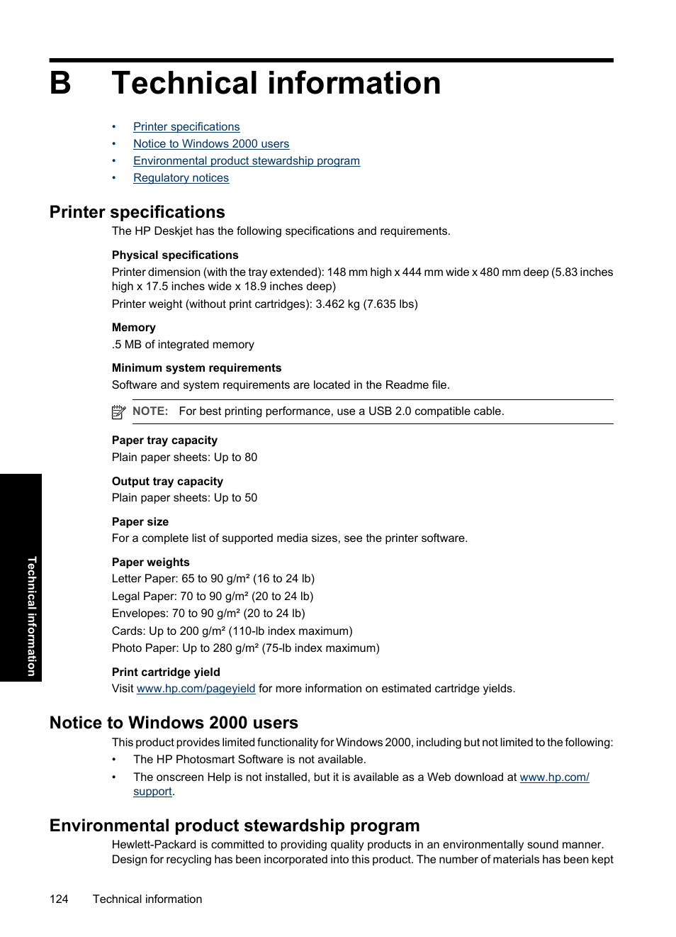 Technical information, Printer specifications, Notice to windows 2000 users | Environmental product stewardship program, B technical information, Paper weights, Btechnical information | HP Deskjet D4363 Printer User Manual | Page 127 / 137