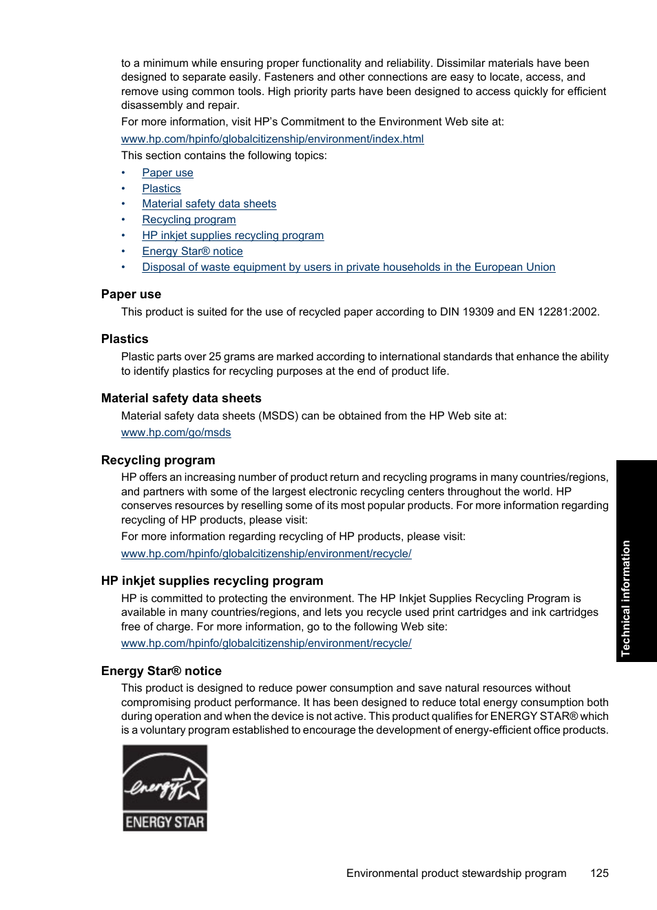 Paper use, Plastics, Material safety data sheets | Recycling program, Hp inkjet supplies recycling program, Energy star® notice, Hp inkjet supplies recycling, Program | HP Deskjet D4363 Printer User Manual | Page 128 / 137