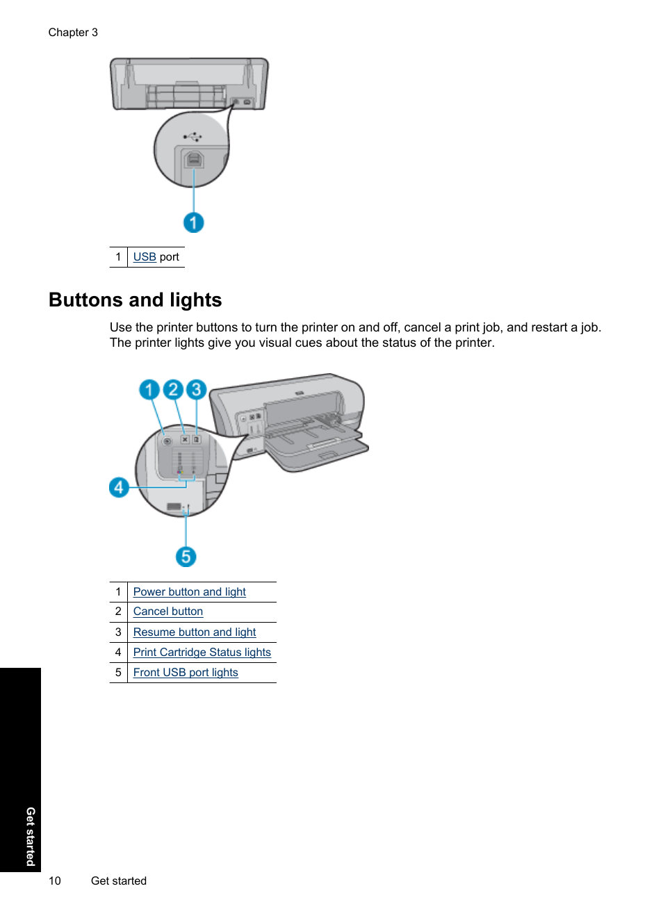 Buttons and lights | HP Deskjet D4363 Printer User Manual | Page 13 / 137