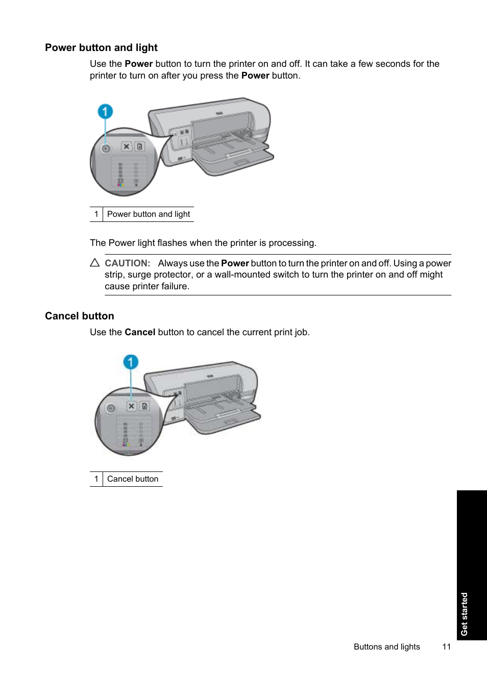 Power button and light, Cancel button | HP Deskjet D4363 Printer User Manual | Page 14 / 137