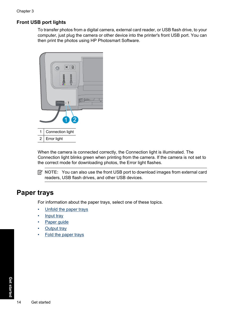 Front usb port lights, Paper trays | HP Deskjet D4363 Printer User Manual | Page 17 / 137