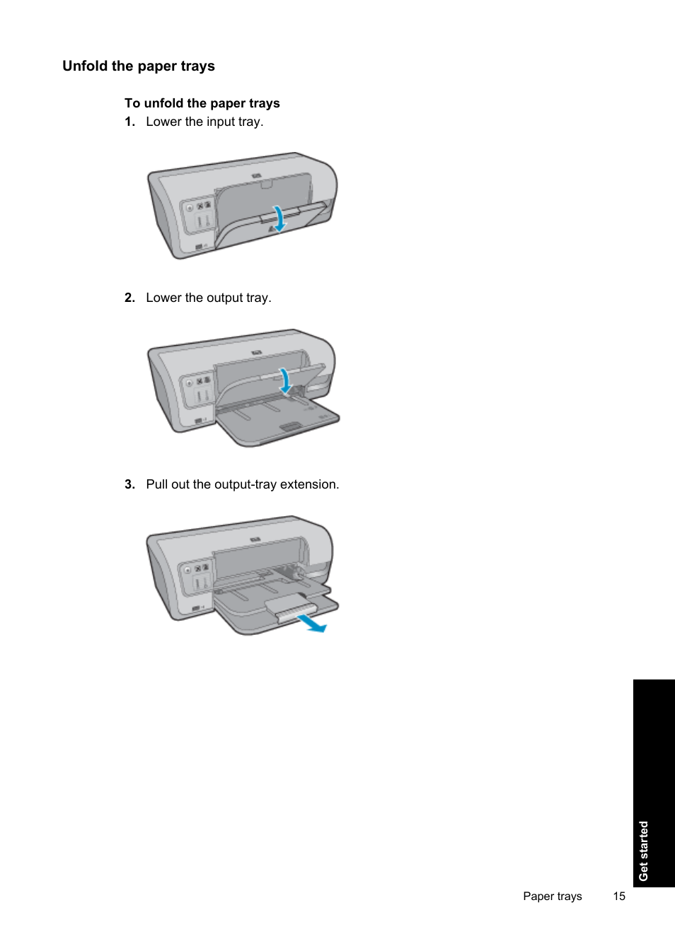 Unfold the paper trays | HP Deskjet D4363 Printer User Manual | Page 18 / 137